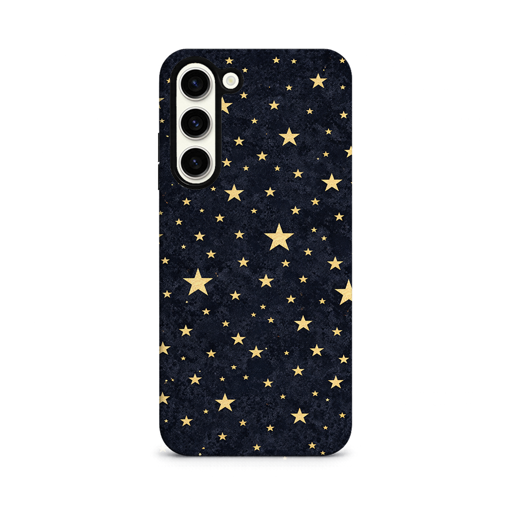 Phone case with gold star pattern on a black background