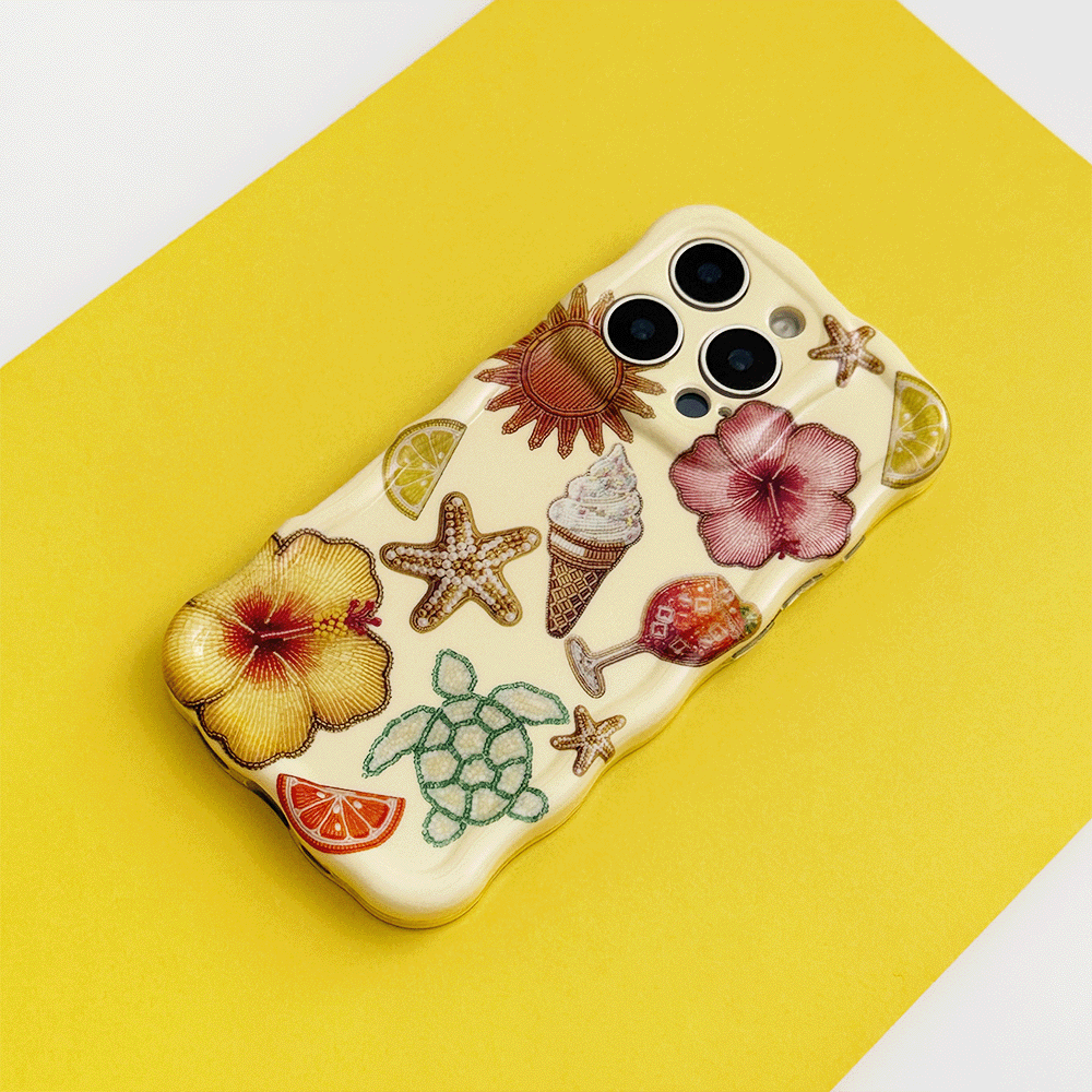 A yellow phone case decorated with colorful tropical-themed stickers, including flowers, a turtle, starfish, citrus slices, ice cream, and a drink, placed on a yellow background.