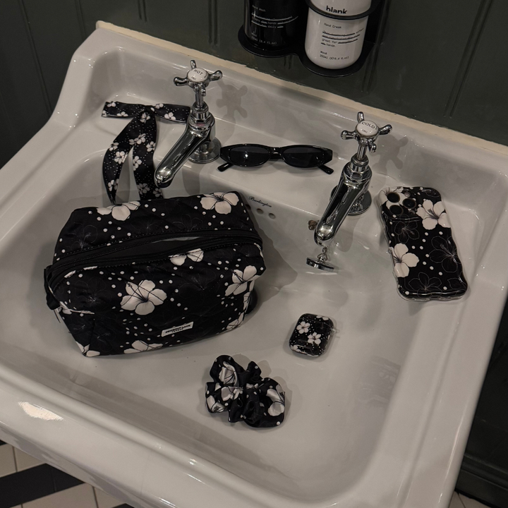 Satin Quilted Makeup Bag - Mono Flora