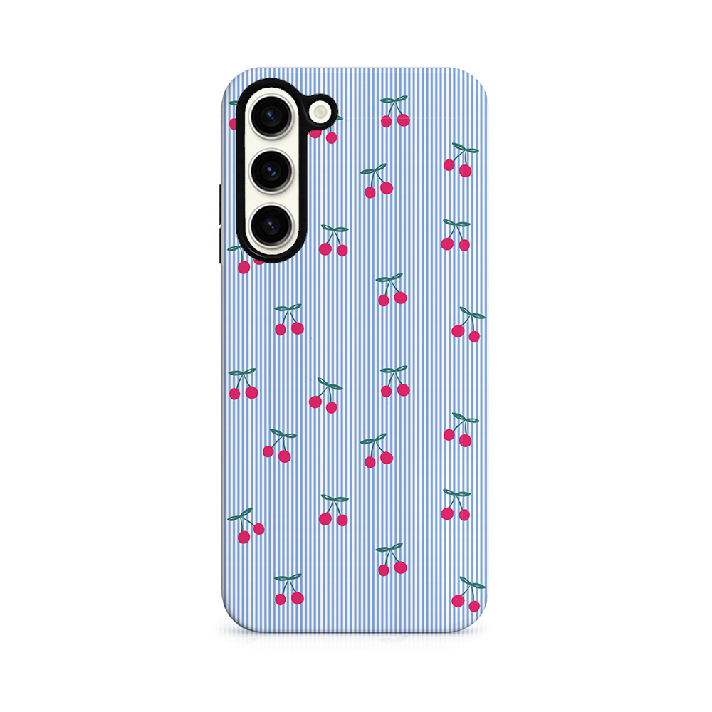 Samsung Tough Phone Case - Blue Stripe Cherries
