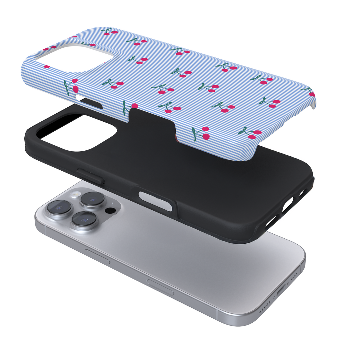 Expanded view of a phone case with a cherry pattern on a white background