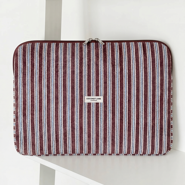 Brown, white and blue striped Laptop Sleeve with silver zip and Coconut Lane logo badge.