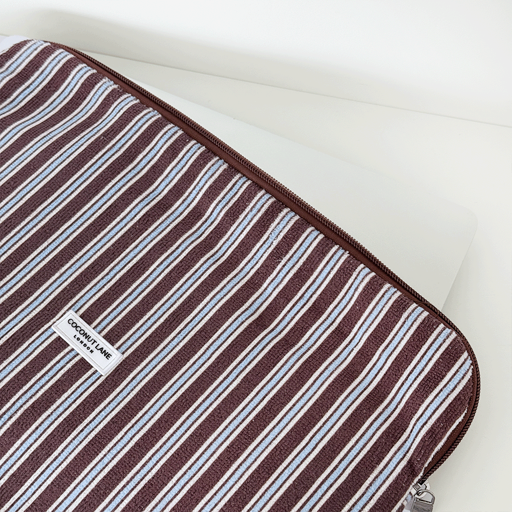 Brown, white and blue striped Laptop Sleeve with silver zip and Coconut Lane logo badge.