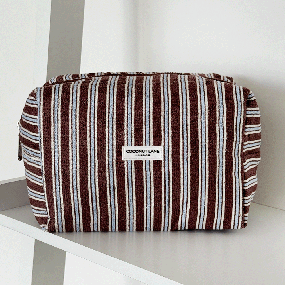 Brown towel texture Makeup Bag with blue and white stripe design. 