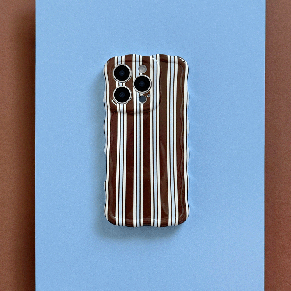 Phone Case with brown and white vertical stripes on a blue background.