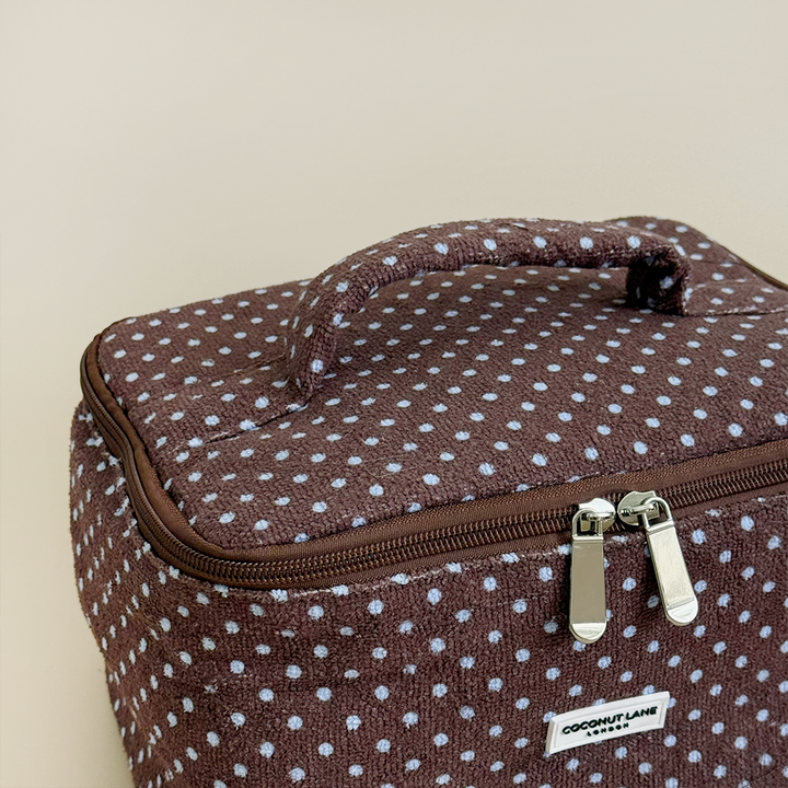Travel Towel Vanity Case - Brown & Blue Polka Dot