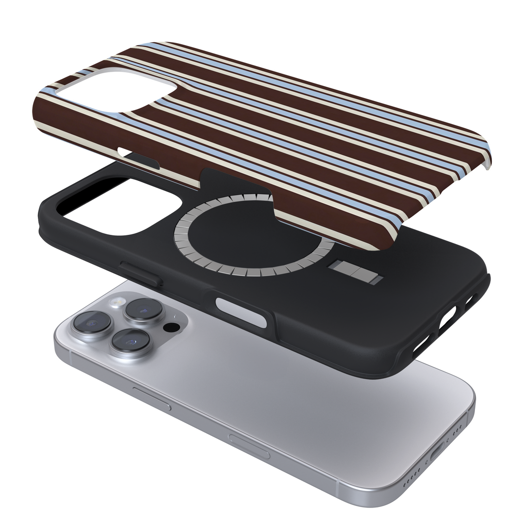 Coconut Lane Tough MagSafe® Phone Case with brown and blue stripes shown in exploded view on a phone.