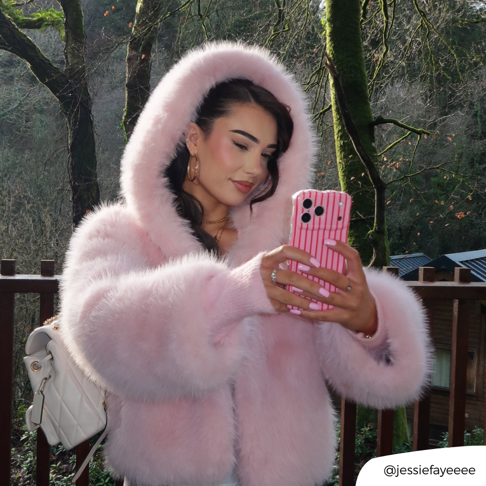 Girl in forest taking selfie with Wavy Cherry Stripe