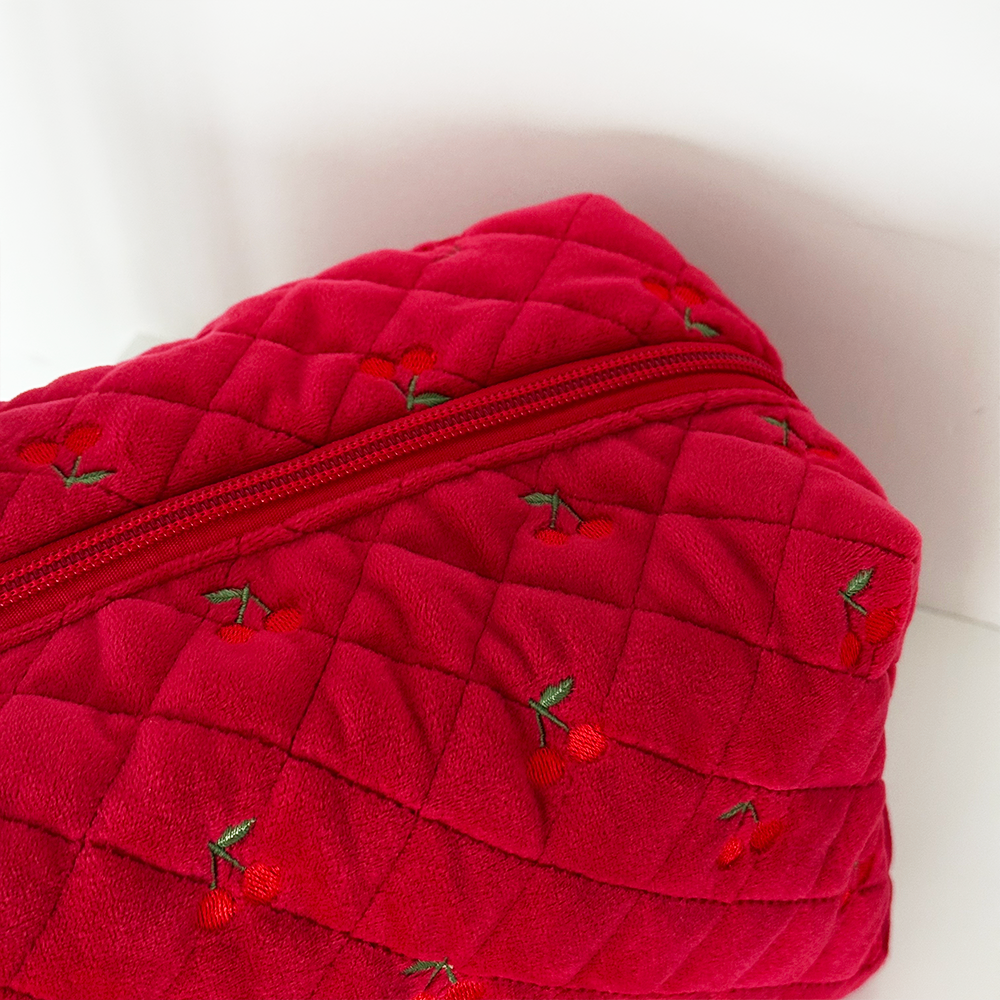 Quilted Cherry Velvet Makeup Bag