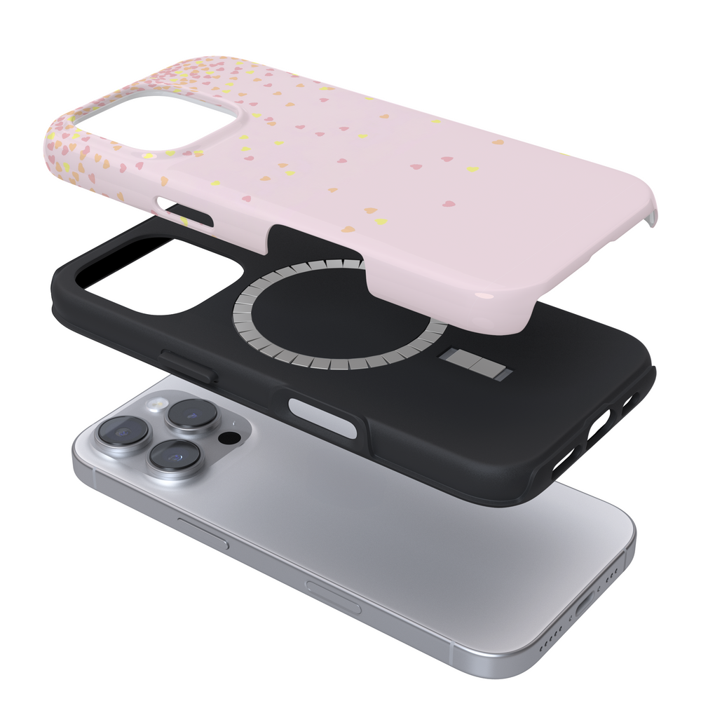 Expanded Magsafe phone case with a pink heart design on a white background