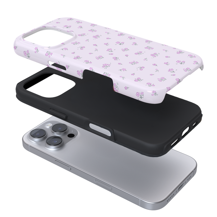 Expanded view of a phone case with lilac floral pattern on a white background