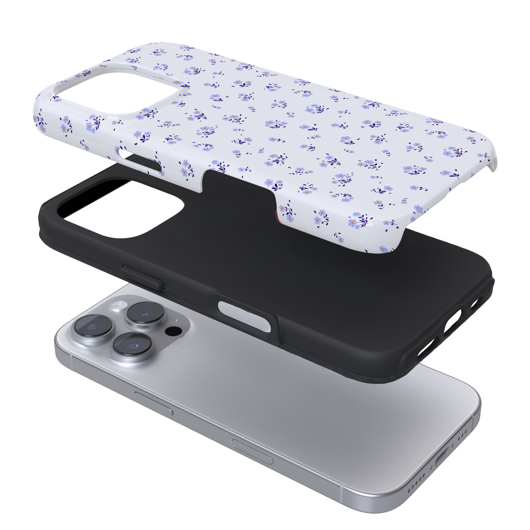 Expanded view of a phone case with a purple floral pattern on a white background
