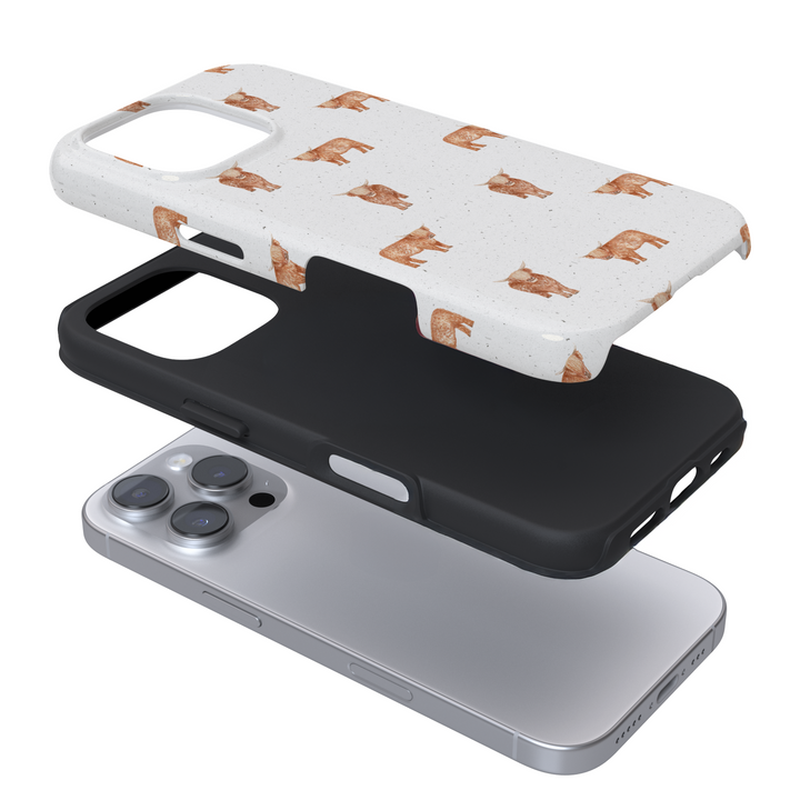 Expanded view of a phone case with a highland cow design on a white background
