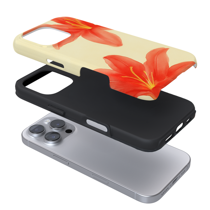 Expanded view of a yellow phone case with lillies on a white background