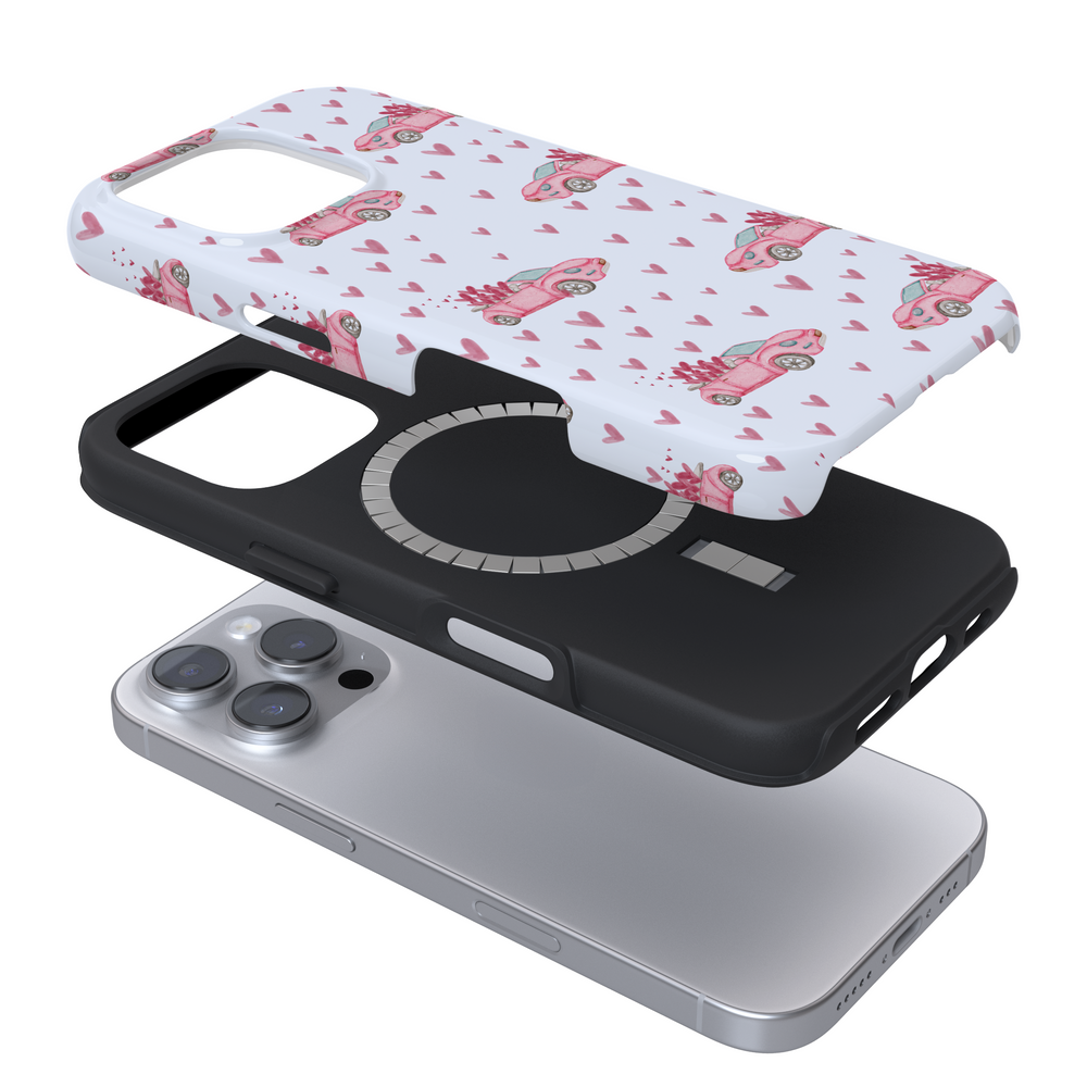 Expanded blue Magsafe phone case with pinks cars and hearts on a white background