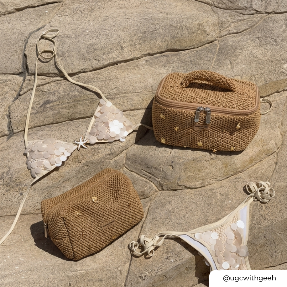 Sequined bikini set with brown woven makeup bags with shells on stone surface