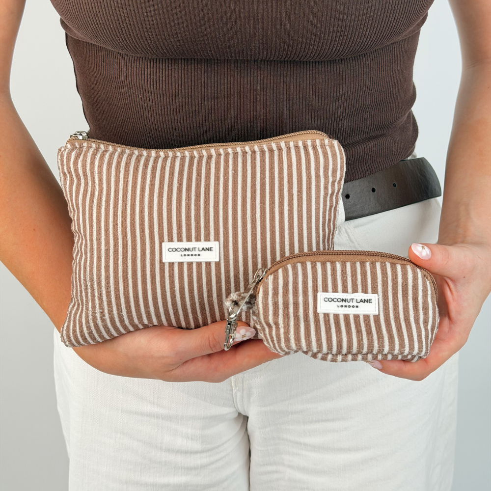 Image of two chestnut stripes makeup bags
