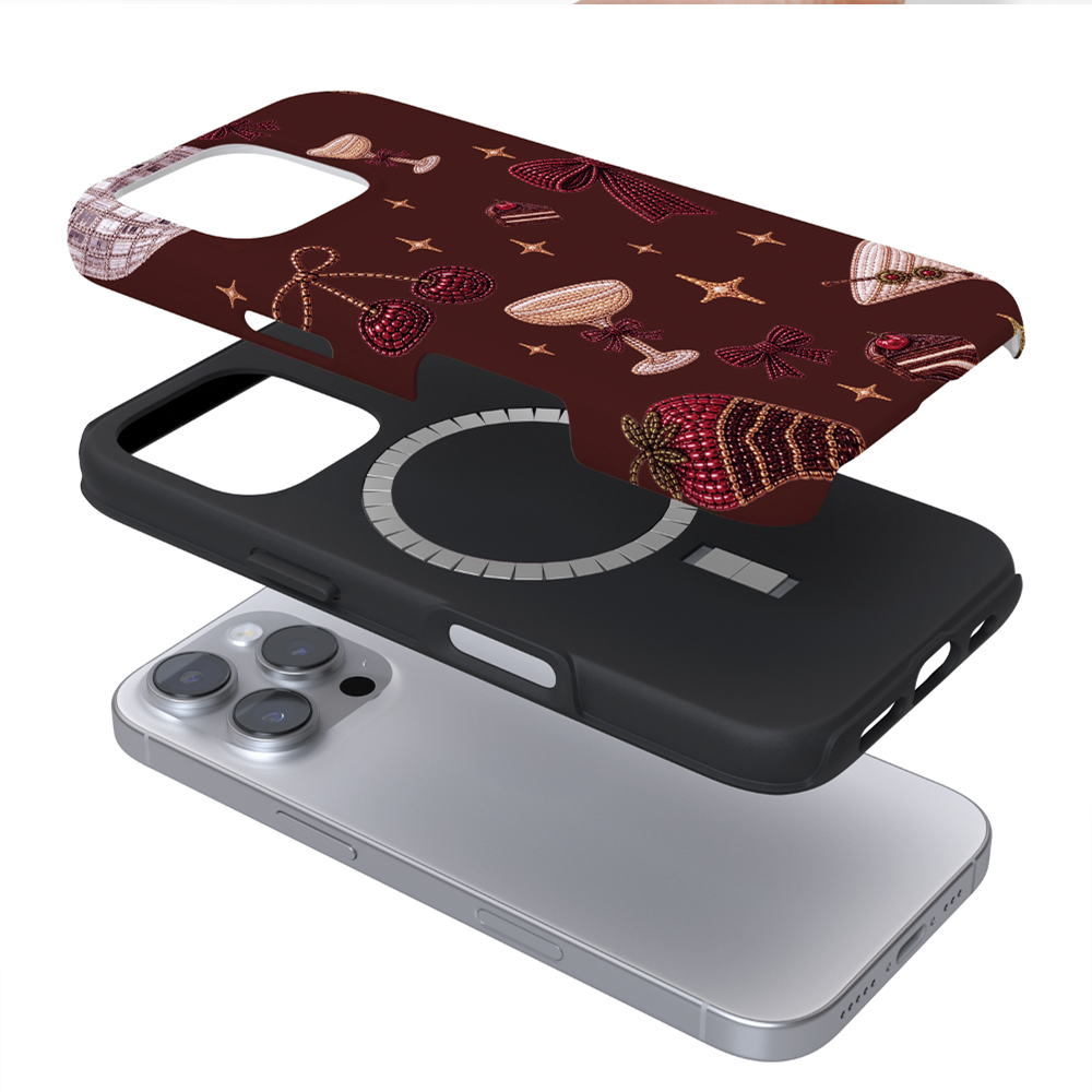 Cute christmassy beaded icons on a chocolate brown case.