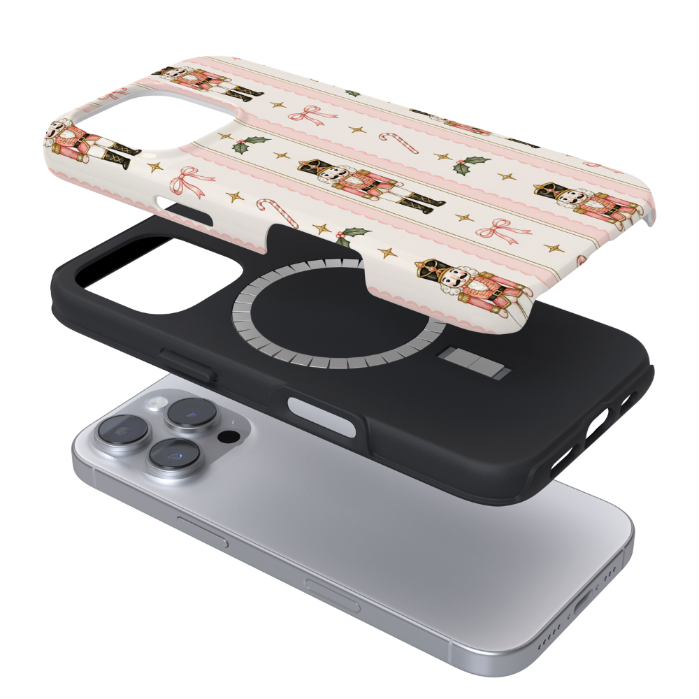 Cute nutcracker, candy cane, bows and sparkles case with pink stripes.