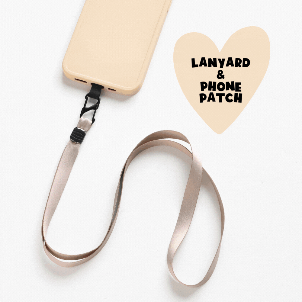A beige phone case connected to a taupe lanyard is showcased adjacent to a heart-shaped design featuring the text "Universal Phone Lanyard Patch Bundle." This practical accessory, designed by Coconut Lane, ensures phone security with its sturdy black clip, combining style and function against a white background.