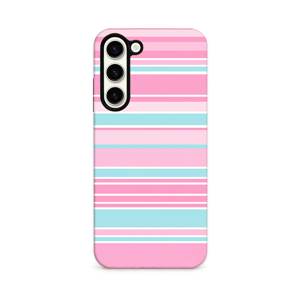 Blue, pink and white horizontal stripes of various thickness.