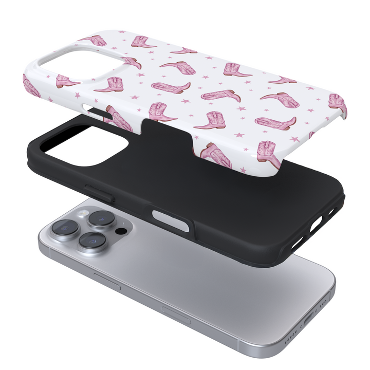 Expanded phone case with a pink cowboy boot pattern on white background