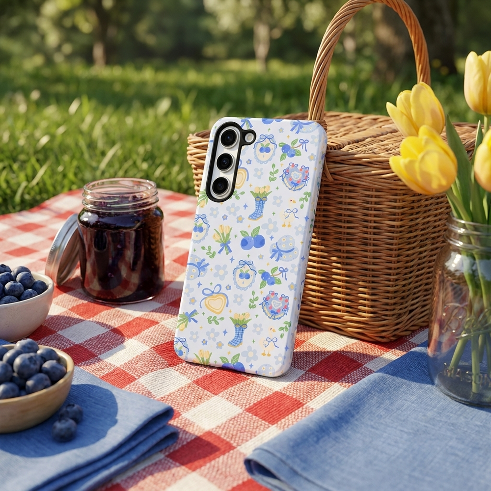 Phone case with floral design on a picnic table with basket, flowers, and blueberries.