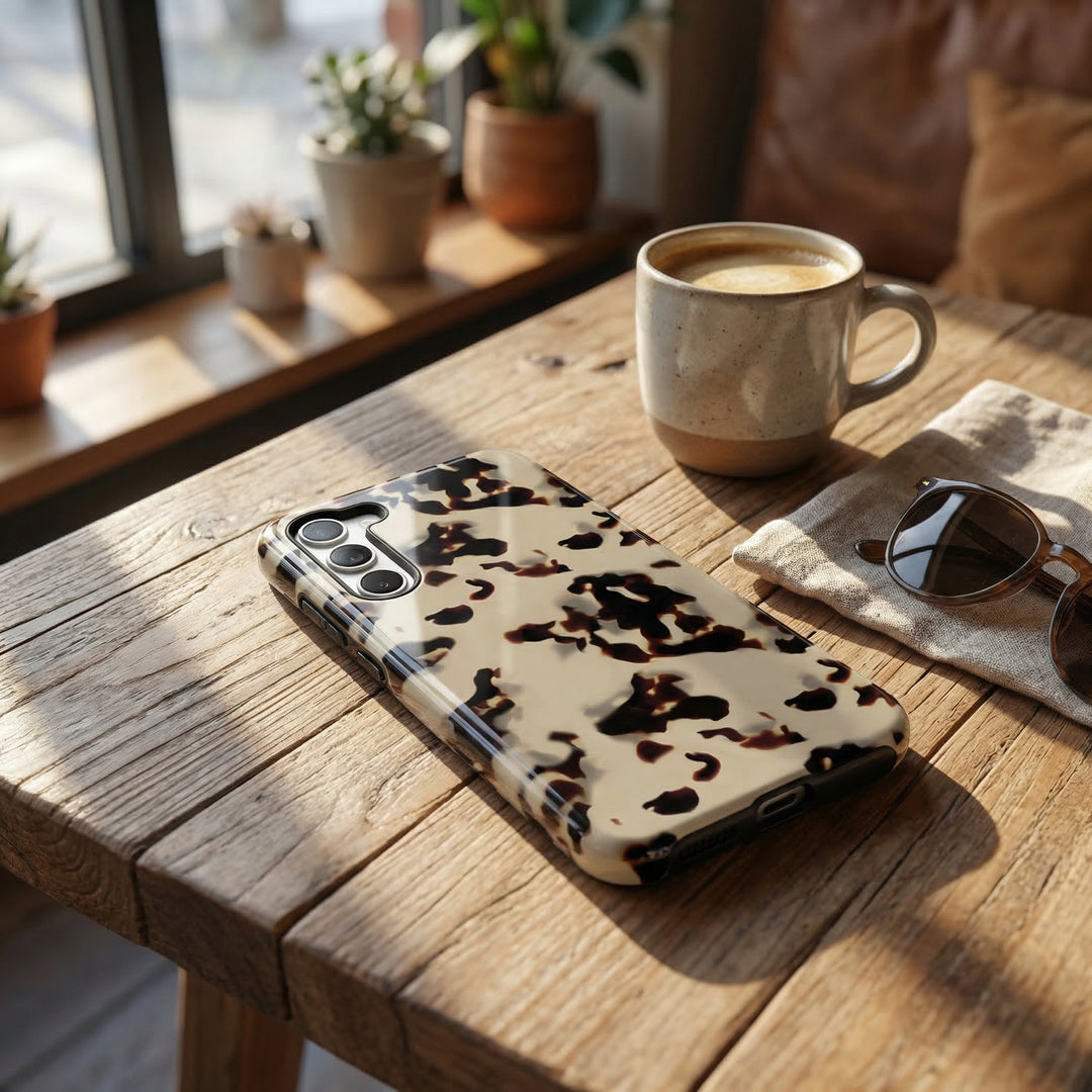 Phone case with leopard print on a wooden table with a cup of coffee and sunglasses.