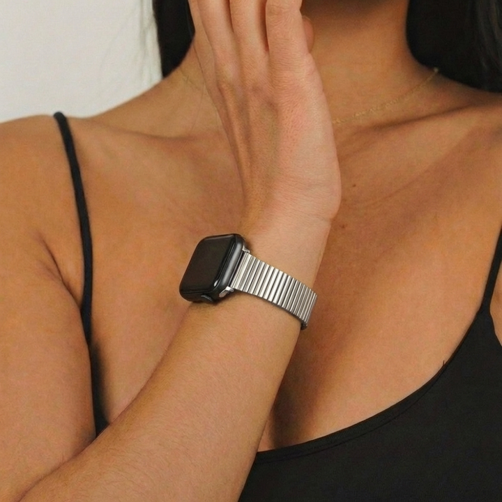 Girl wearing a Silver Fine Line Watch Strap