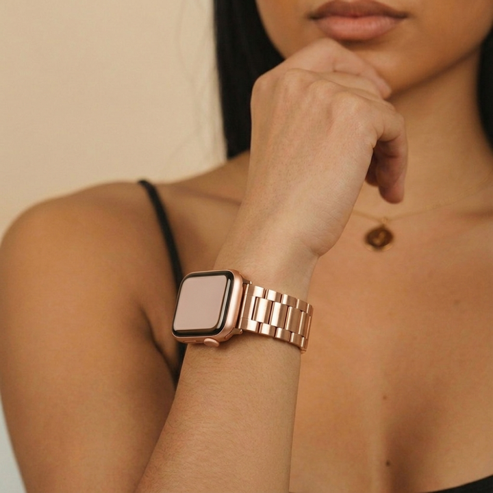 Girl studio shoot wearing stainless steel watch strap in rose gold