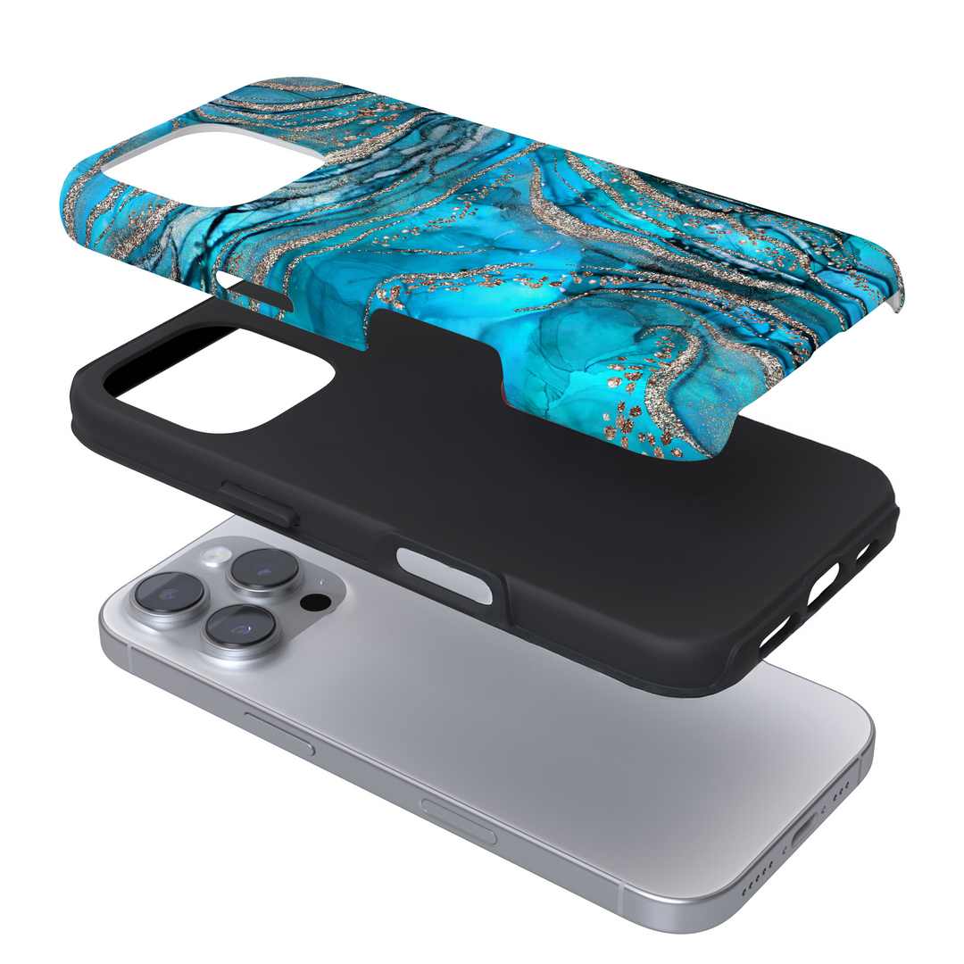 Expanded view of a phone case with a marbled turquoise and gold crystal design on a white background