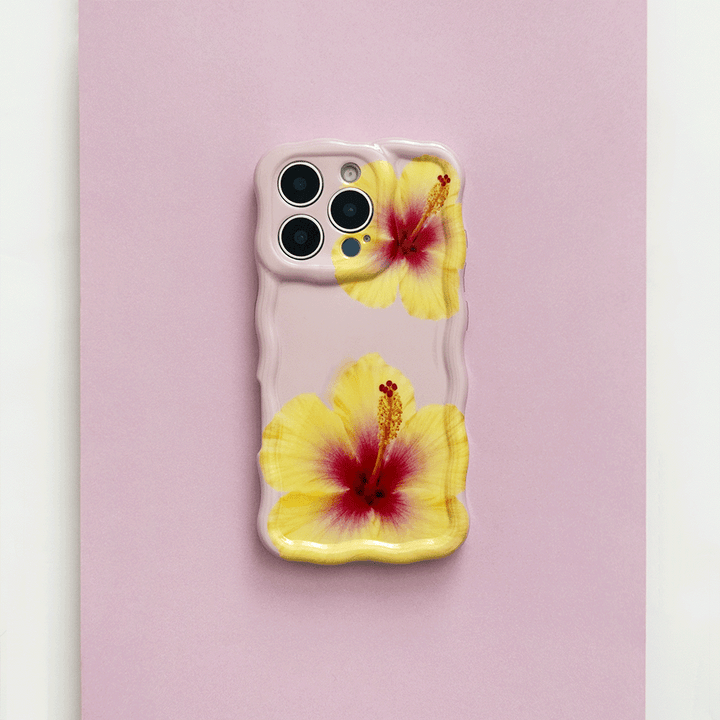 Pink Wavy Coconut Lane Phone Case with yellow hibiscus flower design.
