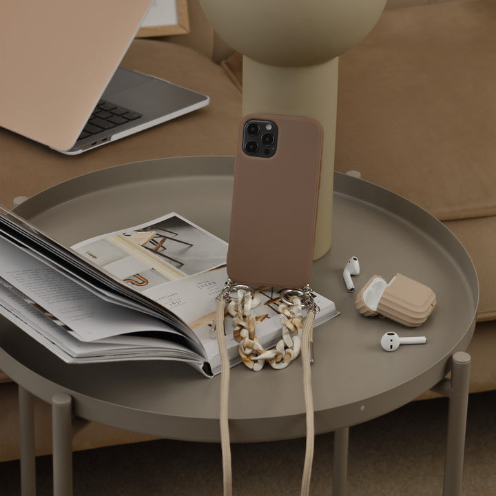 Brown-apple-phone-case-with-nude-short-chain-strap-and-nude-long-lanyard-strap