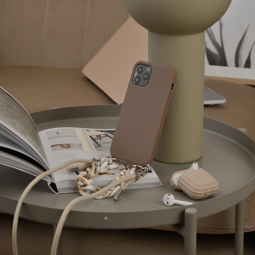 Brown-apple-phone-case-with-nude-short-chain-strap-and-nude-long-lanyard-strap