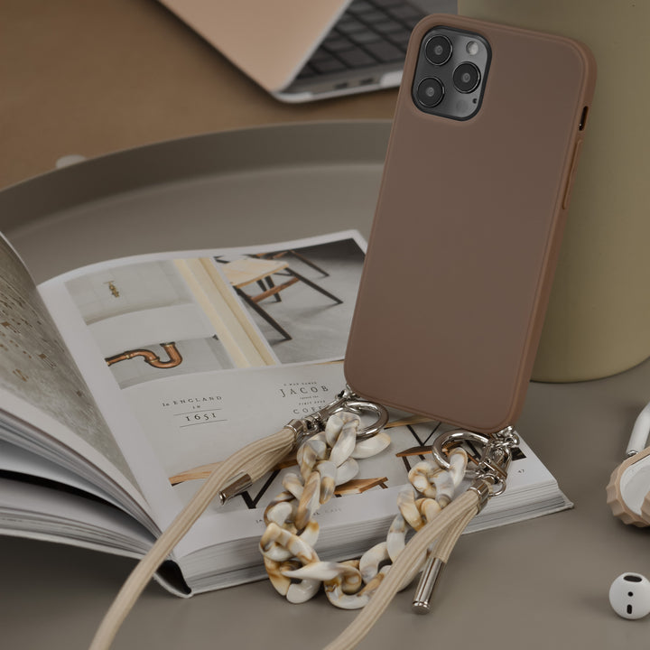 Brown-apple-phone-case-with-nude-short-chain-strap-and-nude-long-lanyard-strap