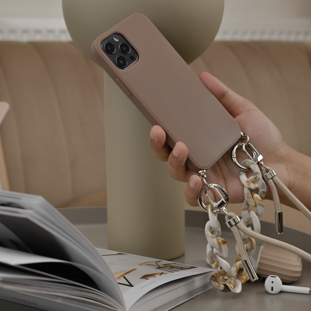Brown-apple-phone-case-with-nude-short-chain-strap-and-nude-long-lanyard-strap