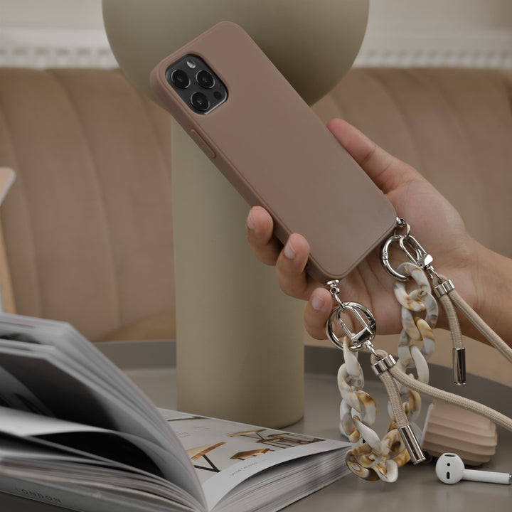 Brown-apple-phone-case-with-nude-short-chain-strap-and-nude-long-lanyard-strap