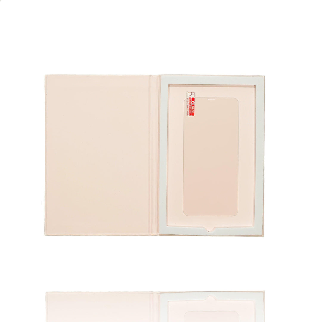 A set of Coconut Lane Glass Screen Protectors in their packaging. The protector, boasting 9H hardness and anti-fingerprint technology, sits neatly inside a semi-open beige cardboard box with a cutout designed to hold the screen protector securely in place. The background is white.