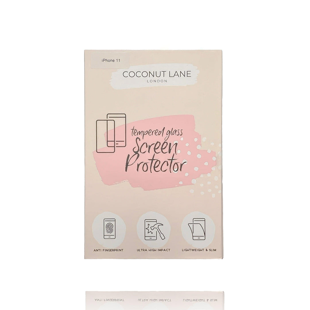 A rectangular retail box for the Coconut Lane Glass Screen Protector for iPhone 11. The box is adorned with illustrations of a phone and icons highlighting features such as 9H hardness, anti-fingerprint technology, ultra-high impact resistance, lightweight build, and slim design. The color scheme combines pastel pink and white.