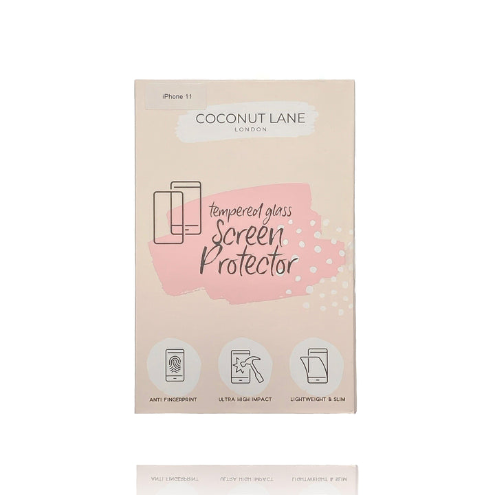 A rectangular retail box for the Coconut Lane Glass Screen Protector for iPhone 11. The box is adorned with illustrations of a phone and icons highlighting features such as 9H hardness, anti-fingerprint technology, ultra-high impact resistance, lightweight build, and slim design. The color scheme combines pastel pink and white.
